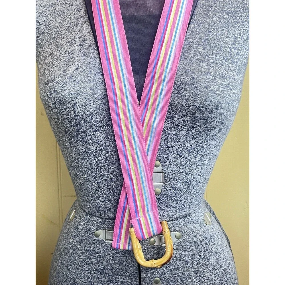 Vintage 1970s Preppy Nautical Pink Rainbow Stripe Belt W/Bamboo Buckle 39”